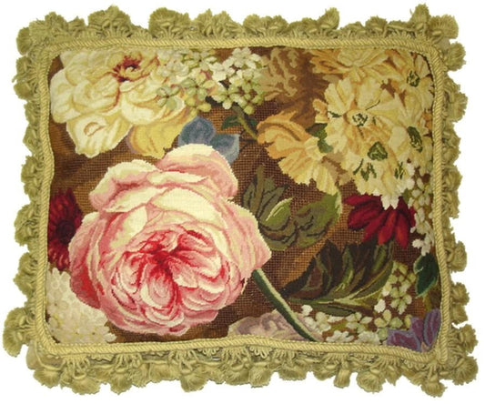 Needlepoint Hand-Embroidered Wool Throw Pillow Exquisite Home Designs pink roses & floral background with tassels