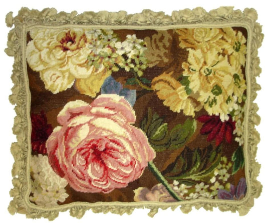 Needlepoint Hand-Embroidered Wool Throw Pillow Exquisite Home Designs pink roses & flower with tassels