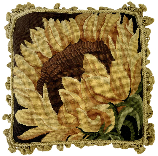 Needlepoint Hand-Embroidered Wool Throw Pillow Exquisite Home Designson yellow sunflower with tassels