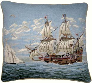 Needlepoint Hand-Embroidered Wool Throw Pillow Exquisite Home Designs boats with