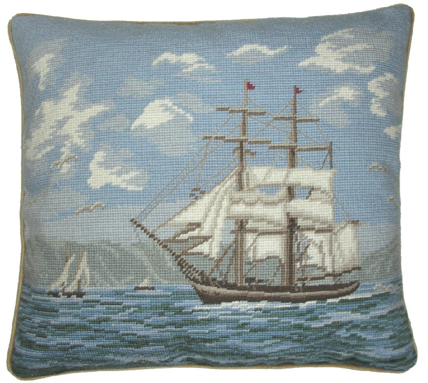 Needlepoint Hand-Embroidered Wool Throw Pillow Exquisite Home Designs sail boat