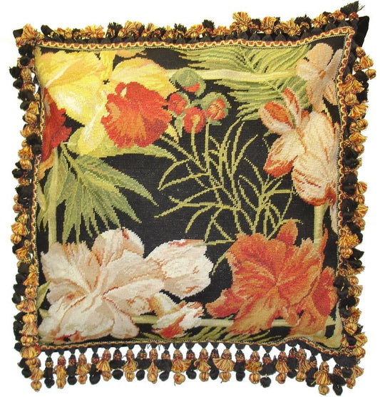 Needlepoint Hand-Embroidered Wool Throw Pillow Exquisite Home Designs blackback banboo framed tropical flower in red, yellow, green with tassel