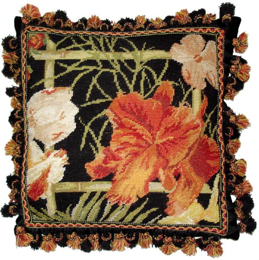 Needlepoint Hand-Embroidered Wool Throw Pillow Exquisite Home Designs blackback banboo frame red lily 3 color tassels