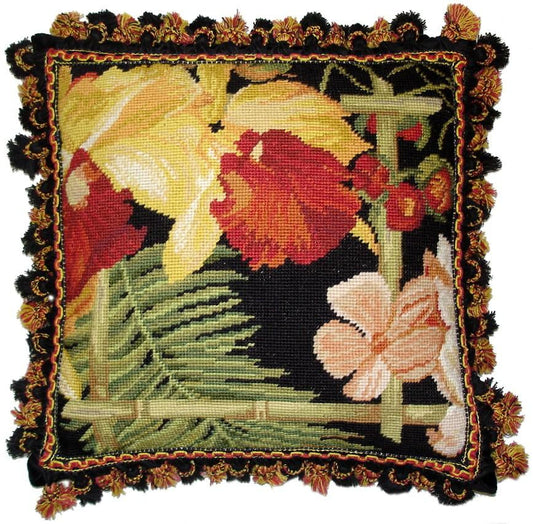 Needlepoint Hand-Embroidered Wool Throw Pillow Exquisite Home Designs tropical flower under bamboo with 3 color tassel