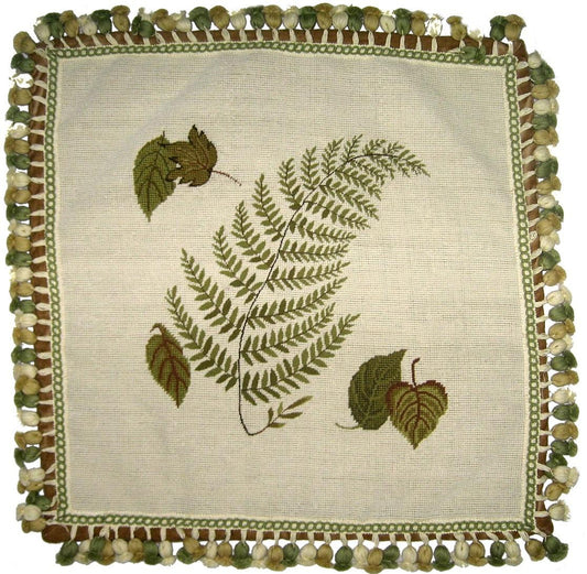 Needlepoint Hand-Embroidered Wool Throw Pillow Exquisite Home Designs fern, leaves with tassels
