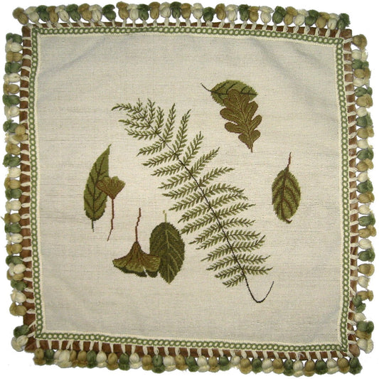Needlepoint Hand-Embroidered Wool Throw Pillow Exquisite Home Designs fern, leaves with 3 color tassels