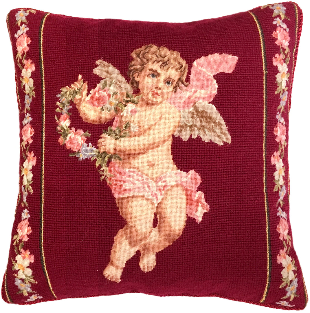 Needlepoint Hand-Embroidered Wool Throw Pillow Exquisite Home Designs angle in red wine background