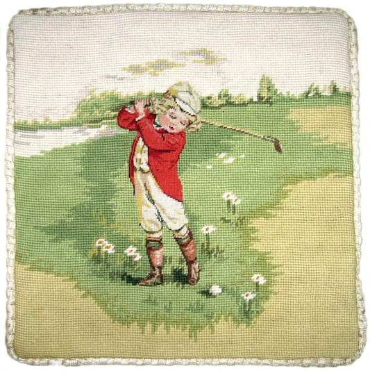 Needlepoint Hand-Embroidered Wool Throw Pillow Exquisite Home Designs boy in red golf with cording