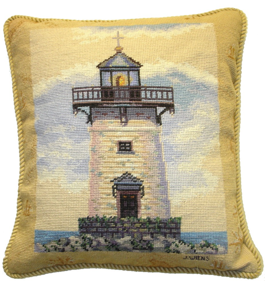 Needlepoint Hand-Embroidered Wool Throw Pillow Exquisite Home Designs James Wienss designMapped Lighthouse I, & with cording