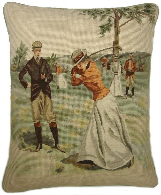 Needlepoint Hand-Embroidered Wool Throw Pillow Exquisite Home Designs  background Golfer