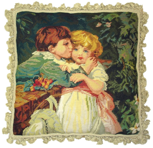 Needlepoint Hand-Embroidered Wool Throw Pillow Exquisite Home Designs boy kissing girl with nature tassels
