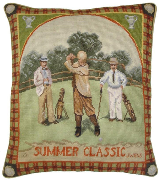 Needlepoint Hand-Embroidered Wool Throw Pillow Exquisite Home Designs James Wiens Summer Classic men golf