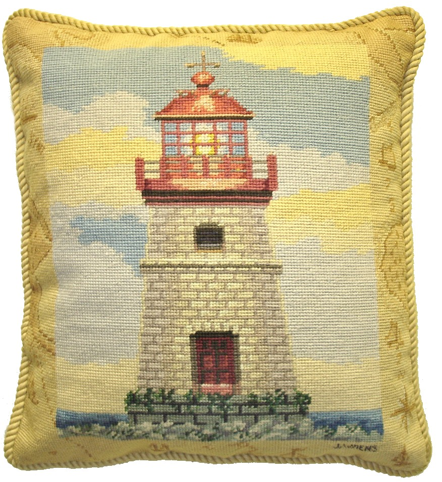 Needlepoint Hand-Embroidered Wool Throw Pillow Exquisite Home Designs James Winess designMapped lighthouse II, &  with cording