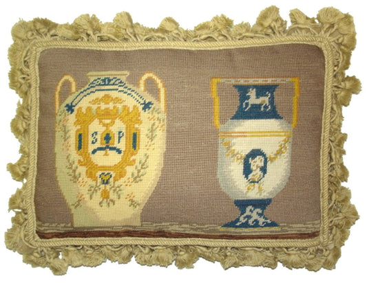 Needlepoint Hand-Embroidered Wool Throw Pillow Exquisite Home Designs  French antique Napoleon Bonaparte vases with tassels