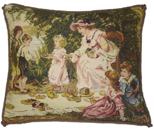 Needlepoint Hand-Embroidered Wool Throw Pillow Exquisite Home Designs Lady & Children