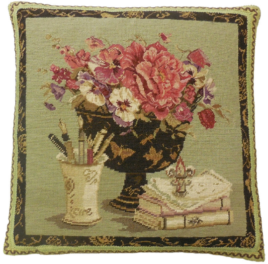 Needlepoint Hand-Embroidered Wool Throw Pillow Exquisite Home Designs Kathryn White Design d