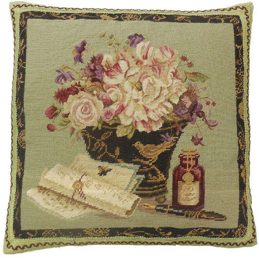 Needlepoint Hand-Embroidered Wool Throw Pillow Exquisite Home Designs Kathryn White Design f