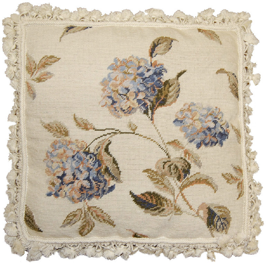 Needlepoint Hand-Embroidered Wool Throw Pillow Exquisite Home Designs blue hydrangea with white background & tassels