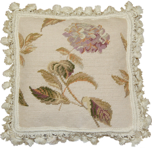 Needlepoint Hand-Embroidered Wool Throw Pillow Exquisite Home Designs  lavender hydrangea on white background & tassels