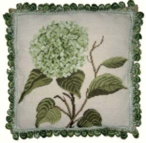 Needlepoint Hand-Embroidered Wool Throw Pillow Exquisite Home Designs green hydrangea with green/white tassels