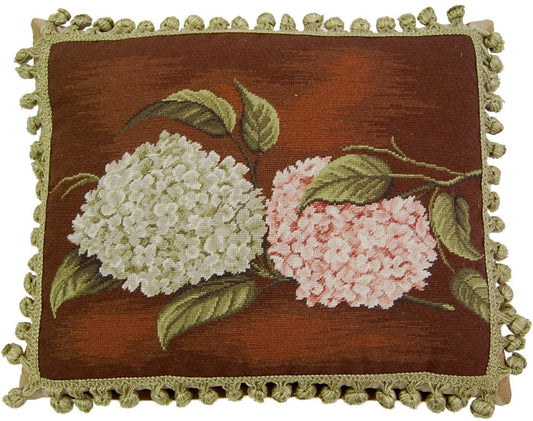 Needlepoint Hand-Embroidered Wool Throw Pillow Exquisite Home Designs  brown background pink & green hydrangea with tassels
