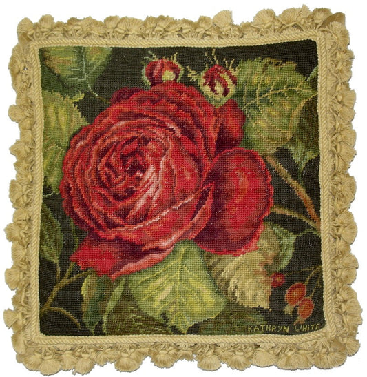 Needlepoint Hand-Embroidered Wool Throw Pillow Exquisite Home Designs Kathryn White designRose Rouge, Grosspoint