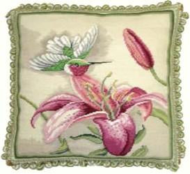 Needlepoint Hand-Embroidered Wool Throw Pillow Exquisite Home Designshummingbird top of pink lily with 2color tassel