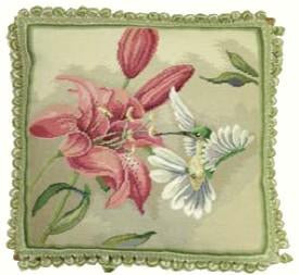 Needlepoint Hand-Embroidered Wool Throw Pillow Exquisite Home Designshumming bird at side of pink lily with 2 color tassel