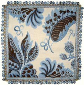 Needlepoint Hand-Embroidered Wool Throw Pillow Exquisite Home Designs blue tropical leaves ivory background with tassels II