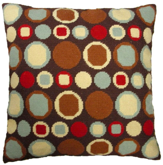 Needlepoint Hand-Embroidered Wool Throw Pillow Exquisite Home Designs different sizes dots in shade of brown,green,cream,red,brown background