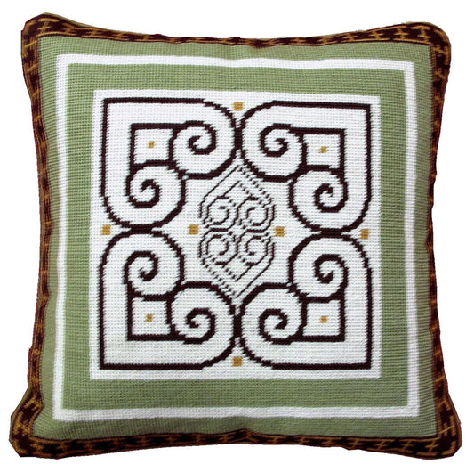 Needlepoint Hand-Embroidered Wool Throw Pillow Exquisite Home Designs tapestry heartscroll design green/brown