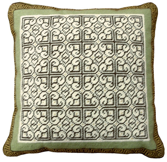 Needlepoint Hand-Embroidered Wool Throw Pillow Exquisite Home Designs tapestry heartscroll multi design green/brown