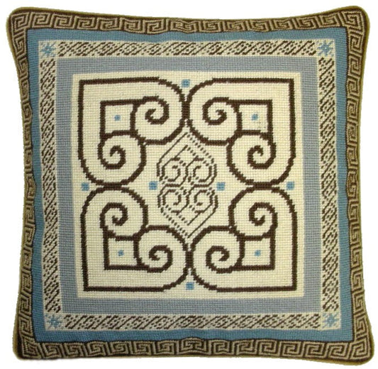 Needlepoint Hand-Embroidered Wool Throw Pillow Exquisite Home Designs blue/brown heartscroll design