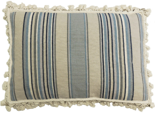 Needlepoint Hand-Embroidered Wool Throw Pillow Exquisite Home Designs strips in blue/sand/navy/ivory with tassels