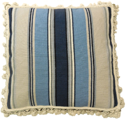 Needlepoint Hand-Embroidered Wool Throw Pillow Exquisite Home Designs square in blue/navy/ivory/sand with tassels