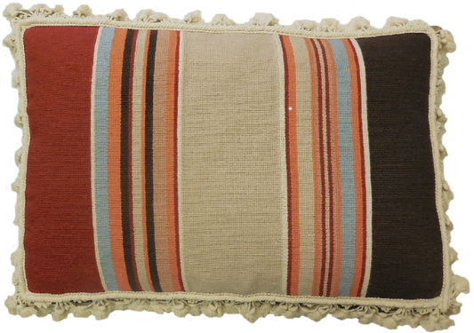 Needlepoint Hand-Embroidered Wool Throw Pillow Exquisite Home Designs strips in red, blue, brown, sand, orange with tassels