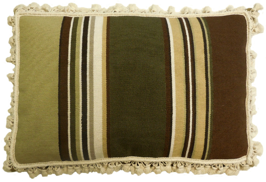 Needlepoint Hand-Embroidered Wool Throw Pillow Exquisite Home Designs strips in green, brown, ivory with tassels