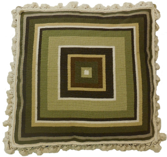Needlepoint Hand-Embroidered Wool Throw Pillow Exquisite Home Designs square in green/brown/ivory/yellow with tassels