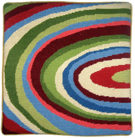 Needlepoint Hand-Embroidered Wool Throw Pillow Exquisite Home Designs water wave in green, red, sand, blue