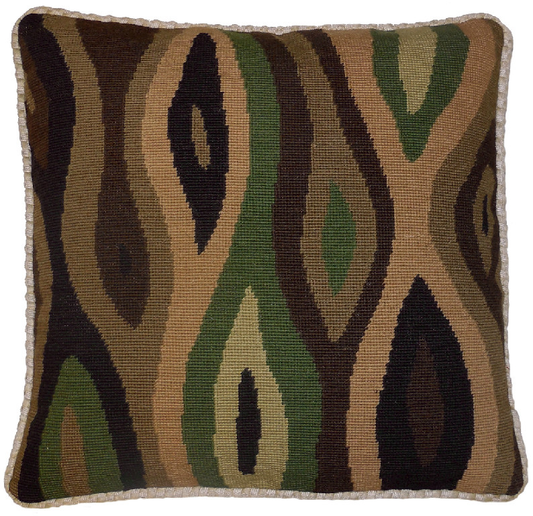 Needlepoint Hand-Embroidered Wool Throw Pillow Exquisite Home Designs in shade of green/brown/badge I