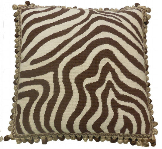 Needlepoint Hand-Embroidered Wool Throw Pillow Exquisite Home Designs tiger brown with 3 color tassels