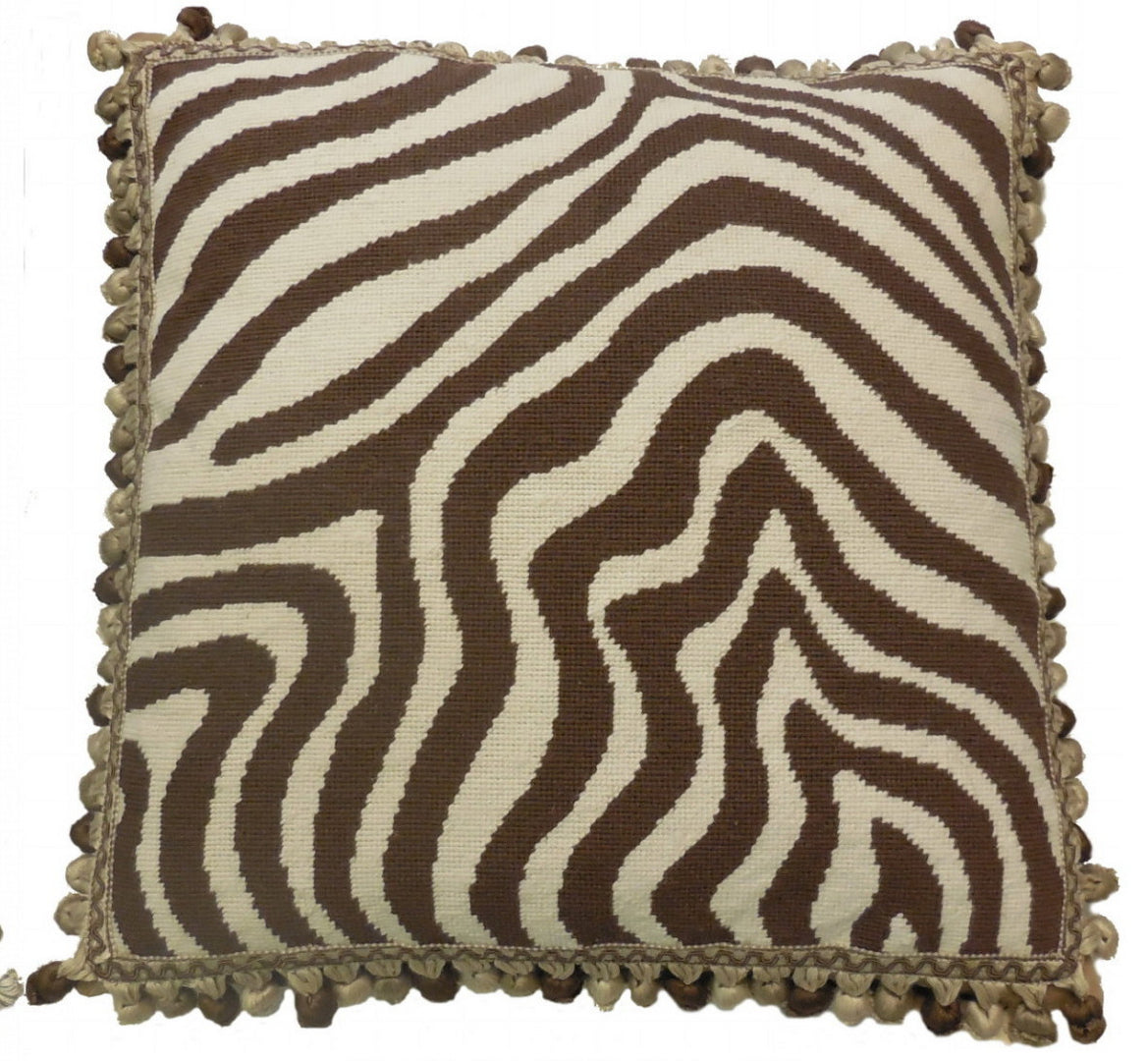 Needlepoint Hand-Embroidered Wool Throw Pillow Exquisite Home Designs tiger brown with 3 color tassels