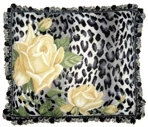 Needlepoint Hand-Embroidered Wool Throw Pillow Exquisite Home Designs B/W leopard print yellow rose with 3 color tassel