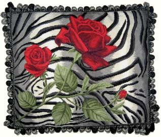 Needlepoint Hand-Embroidered Wool Throw Pillow Exquisite Home Designs B/W tiger print red rose with 3 color tassel