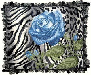 Needlepoint Hand-Embroidered Wool Throw Pillow Exquisite Home Designs B/W leopard print blue rose with 3 color tassel