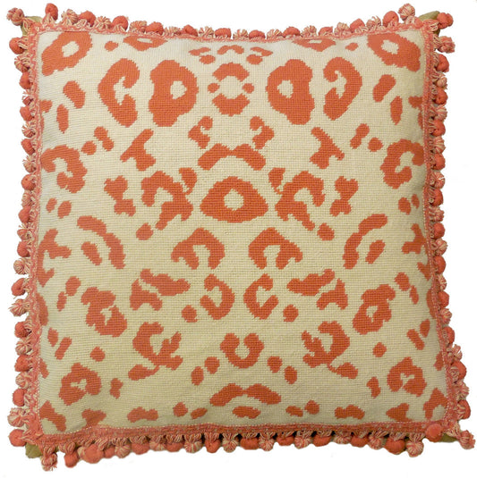 Needlepoint Hand-Embroidered Wool Throw Pillow Exquisite Home Designs orange animal print with tassels