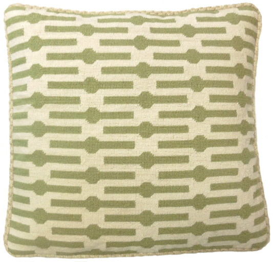 Needlepoint Hand-Embroidered Wool Throw Pillow Exquisite Home Designs limeGreen lines checker cording