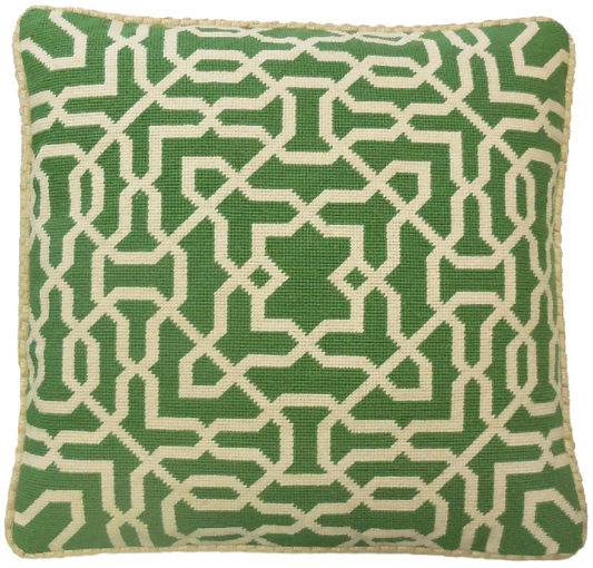 Needlepoint Hand-Embroidered Wool Throw Pillow Exquisite Home Designs green small window designs checker cording