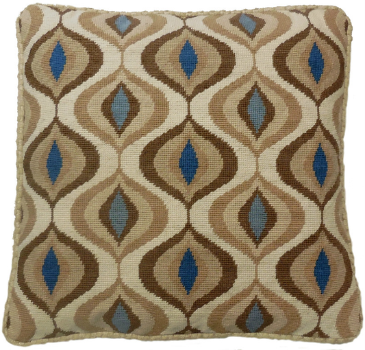 Needlepoint Hand-Embroidered Wool Throw Pillow Exquisite Home Designs brown water drop pattern with checker cording