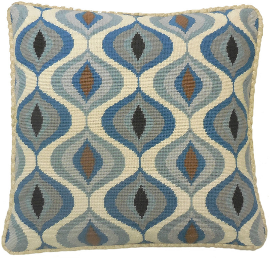 Needlepoint Hand-Embroidered Wool Throw Pillow Exquisite Home Designs blue water drop pattern checker cording